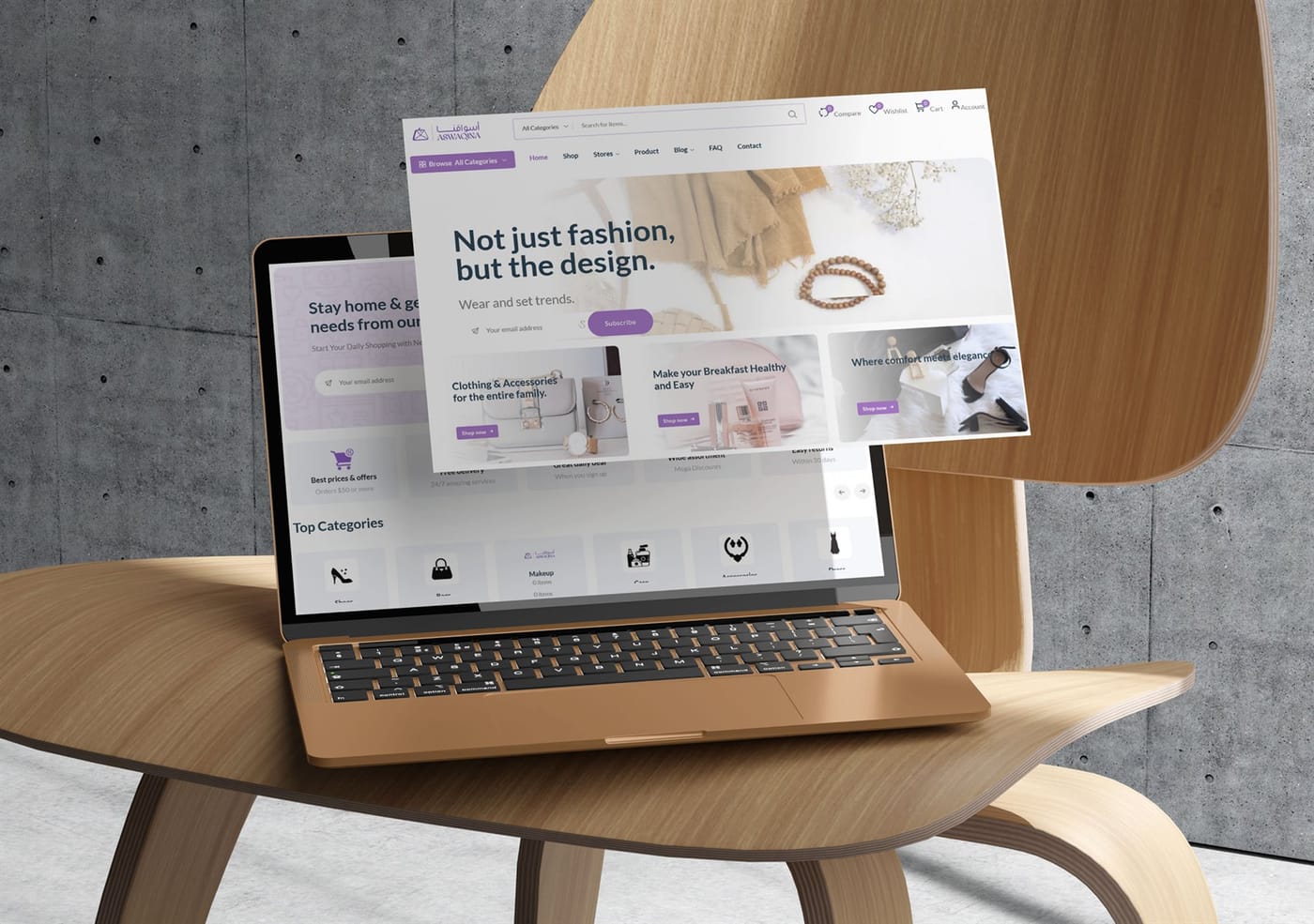 An online store built by ThiqaTech showing the storefront homepage with search, categories, and featured collections