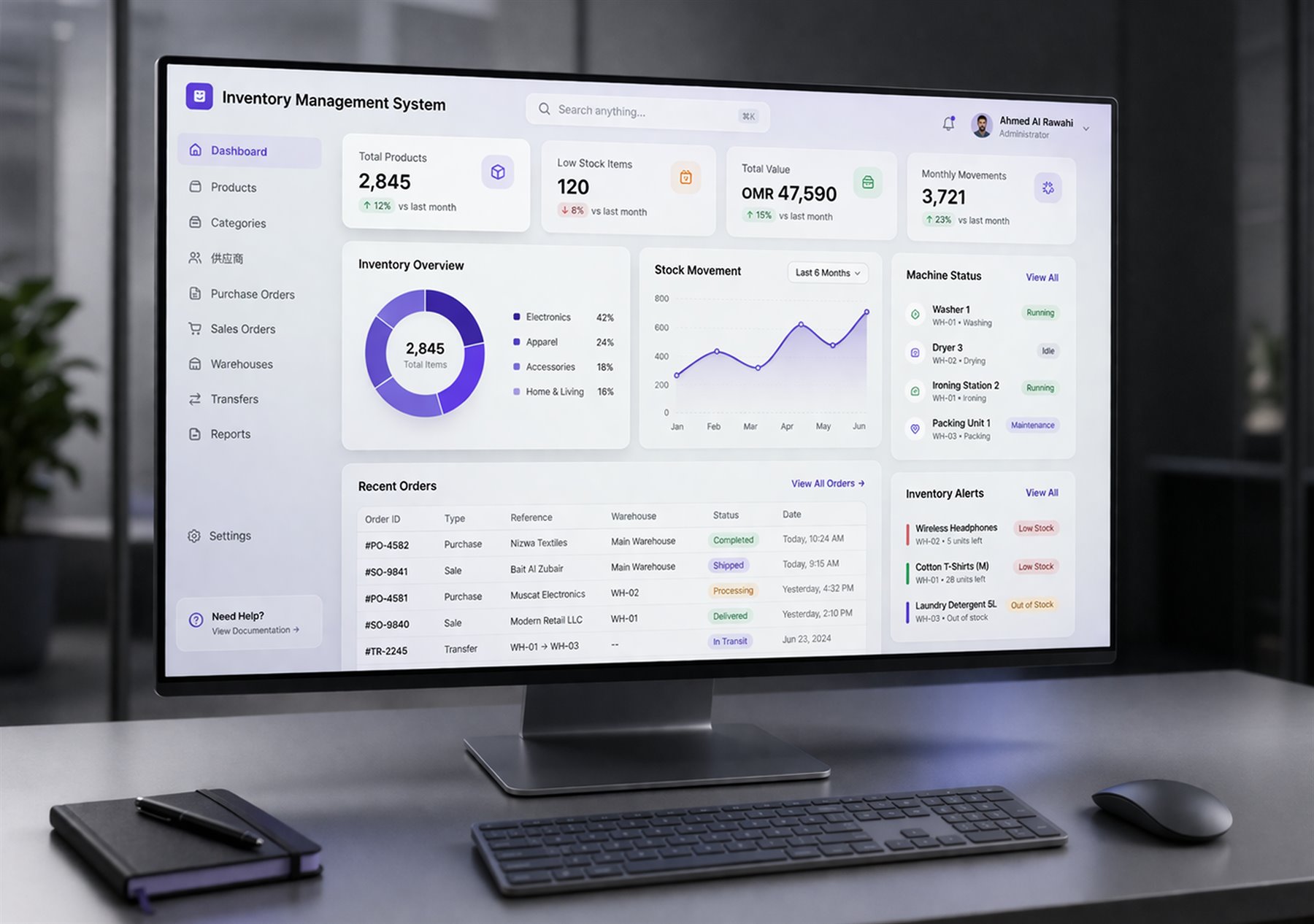 The Tasheel inventory management dashboard showing total products, low-stock items, stock movement, and recent orders