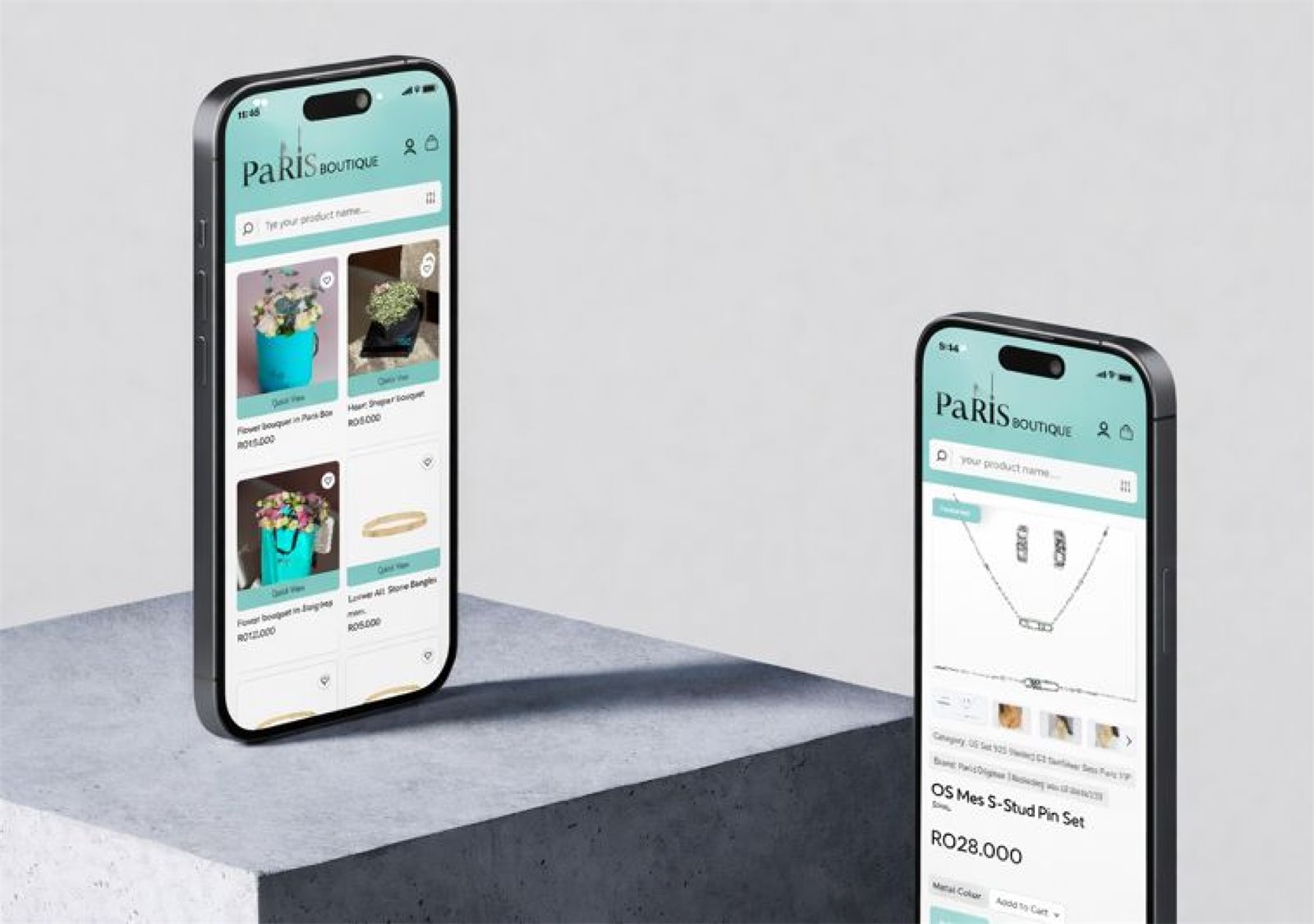 The Paris Boutique shopping app shown on two smartphones